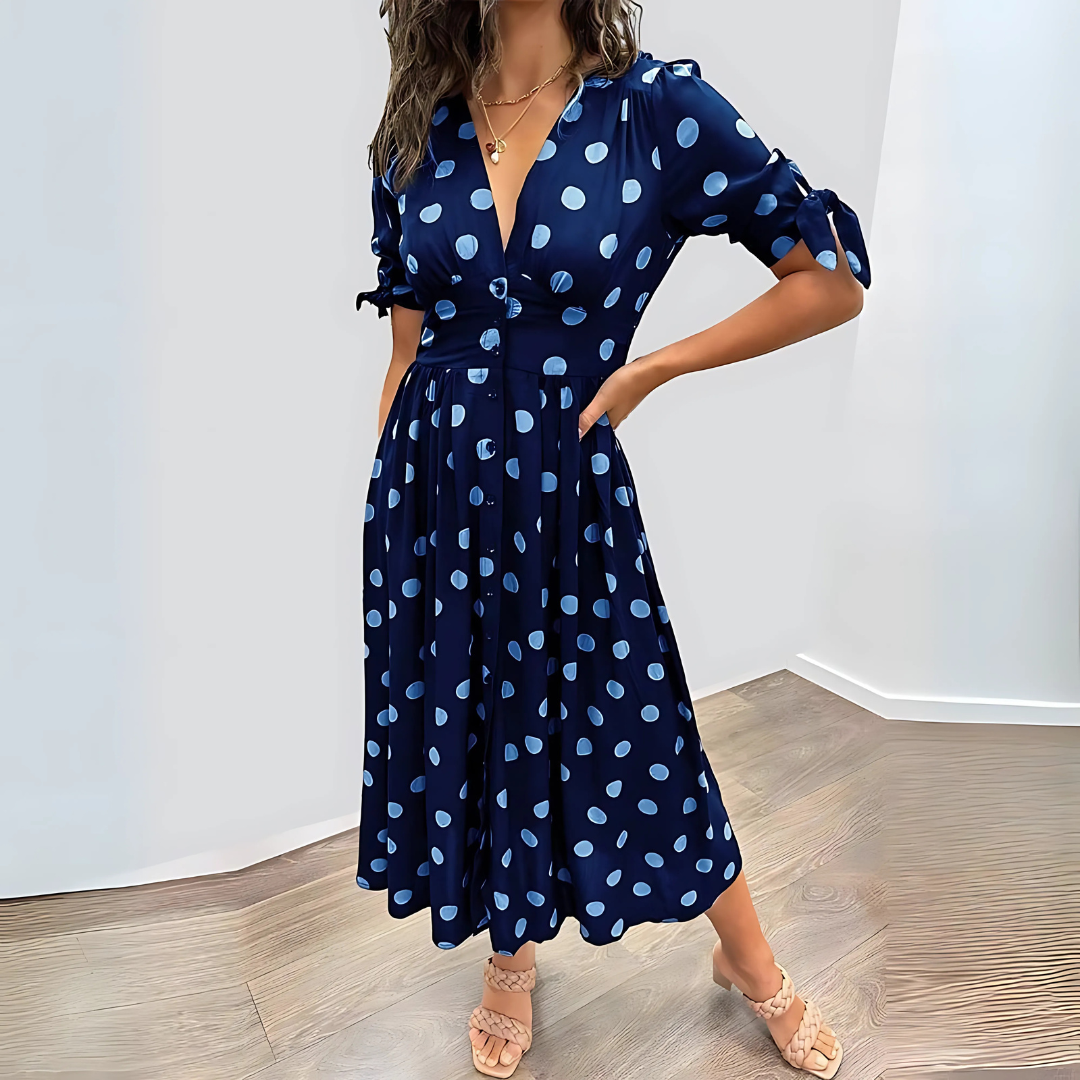 Robe mi-longue noire à pois