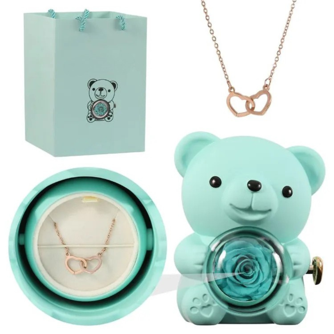 Écrin Ours Rouge & Collier Personnalisé avec Rose Éternelle