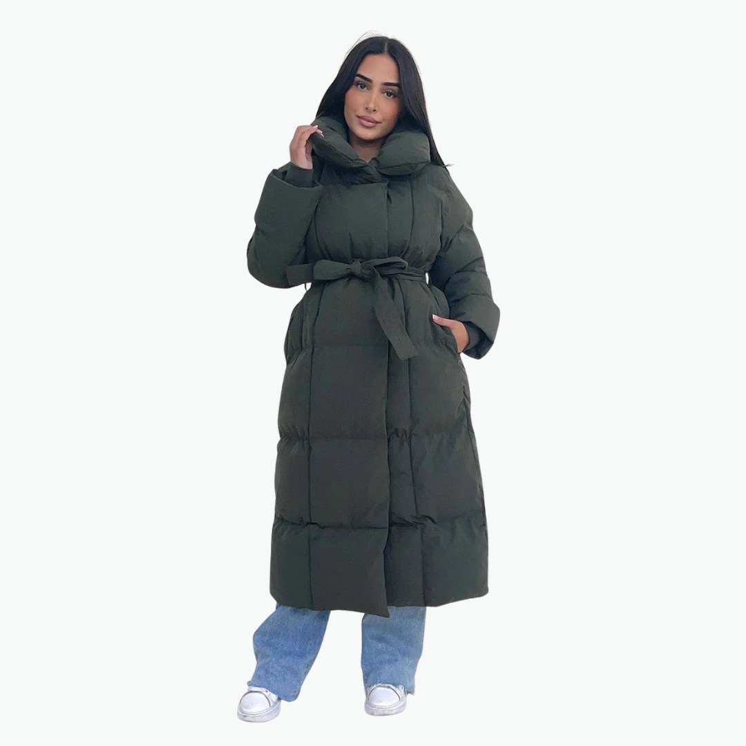 Lange gesteppte Damen-Winterjacke mit Gürtel
