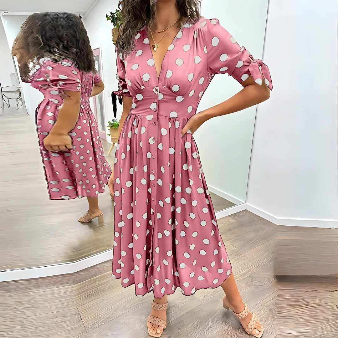 Robe mi-longue noire à pois