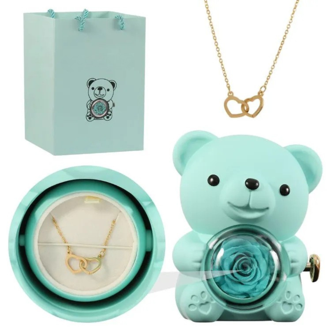 Écrin Ours Rouge & Collier Personnalisé avec Rose Éternelle
