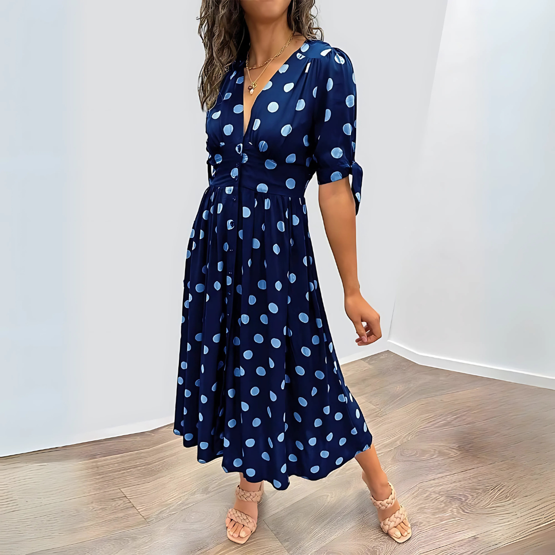 Robe mi-longue noire à pois