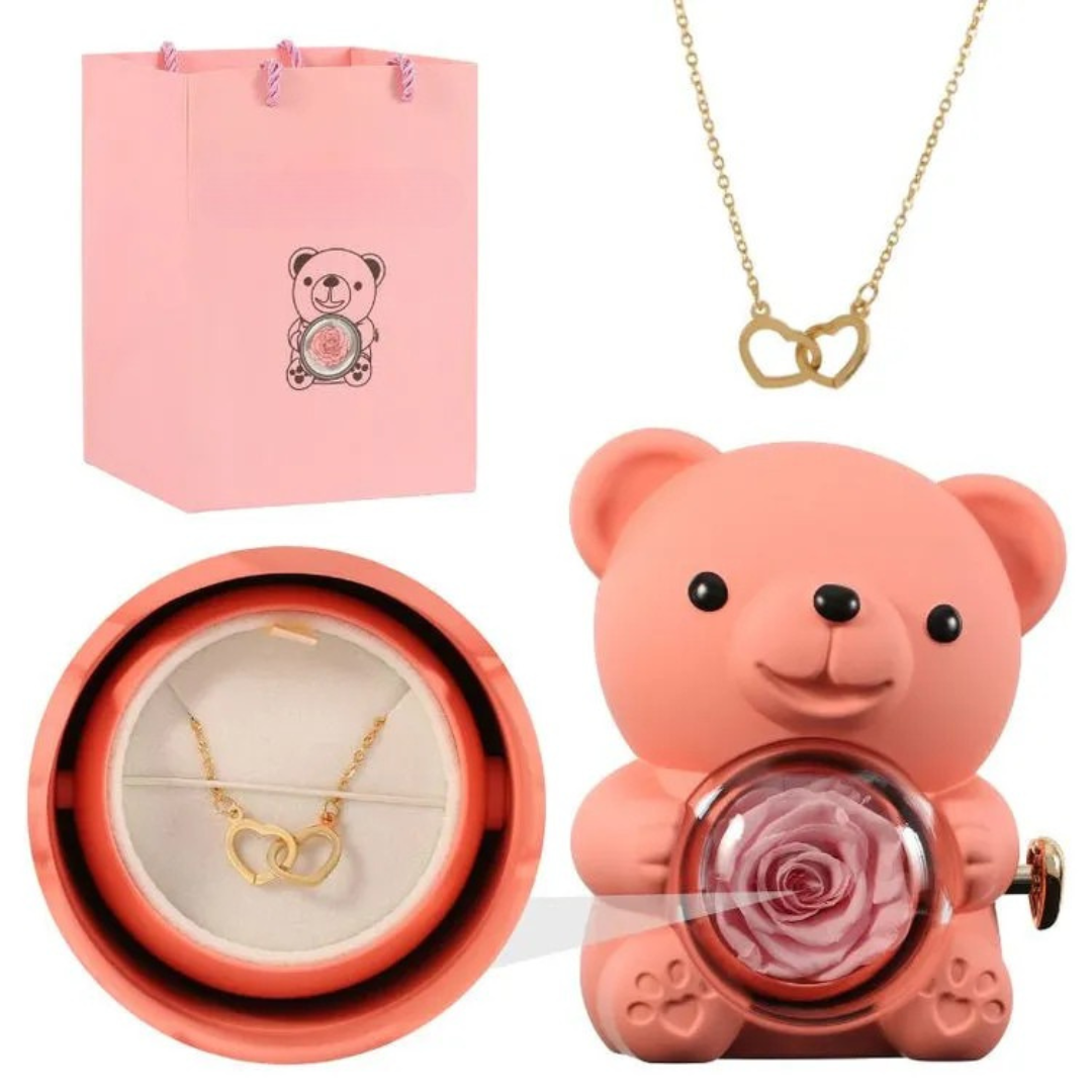 Écrin Ours Rouge & Collier Personnalisé avec Rose Éternelle