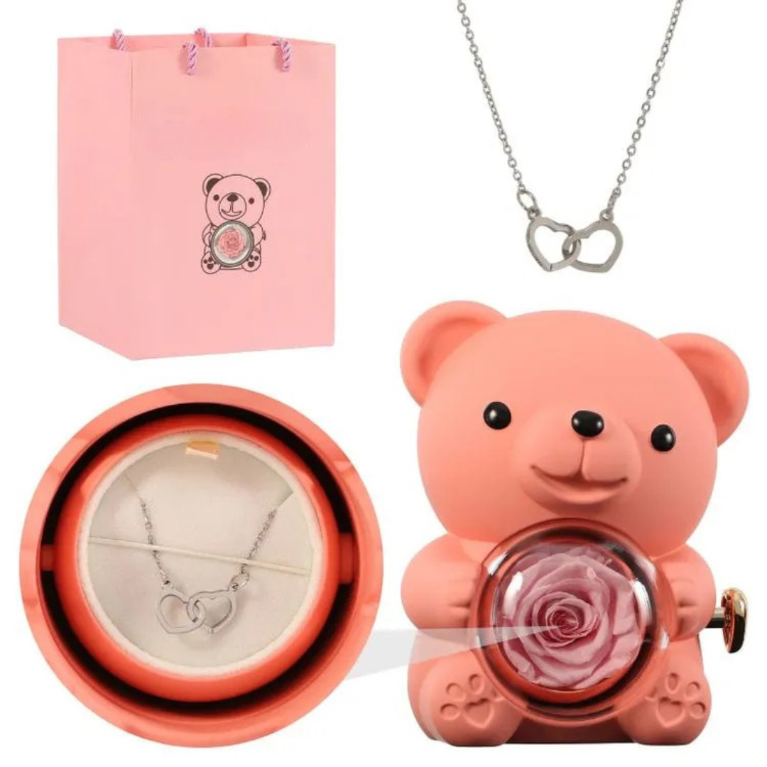 Écrin Ours Rouge & Collier Personnalisé avec Rose Éternelle
