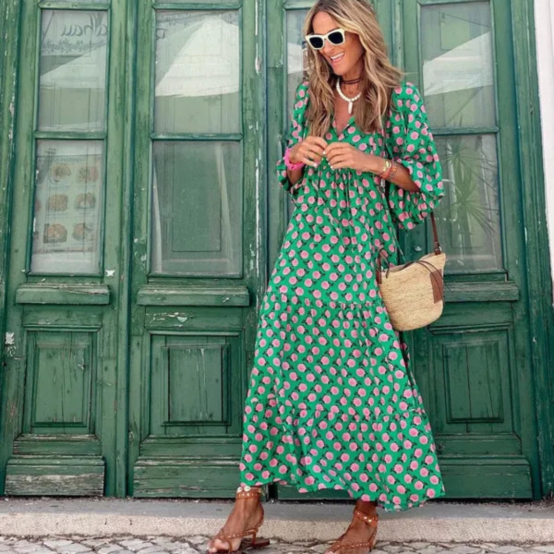 Robe longue et fluide à motif floral vert