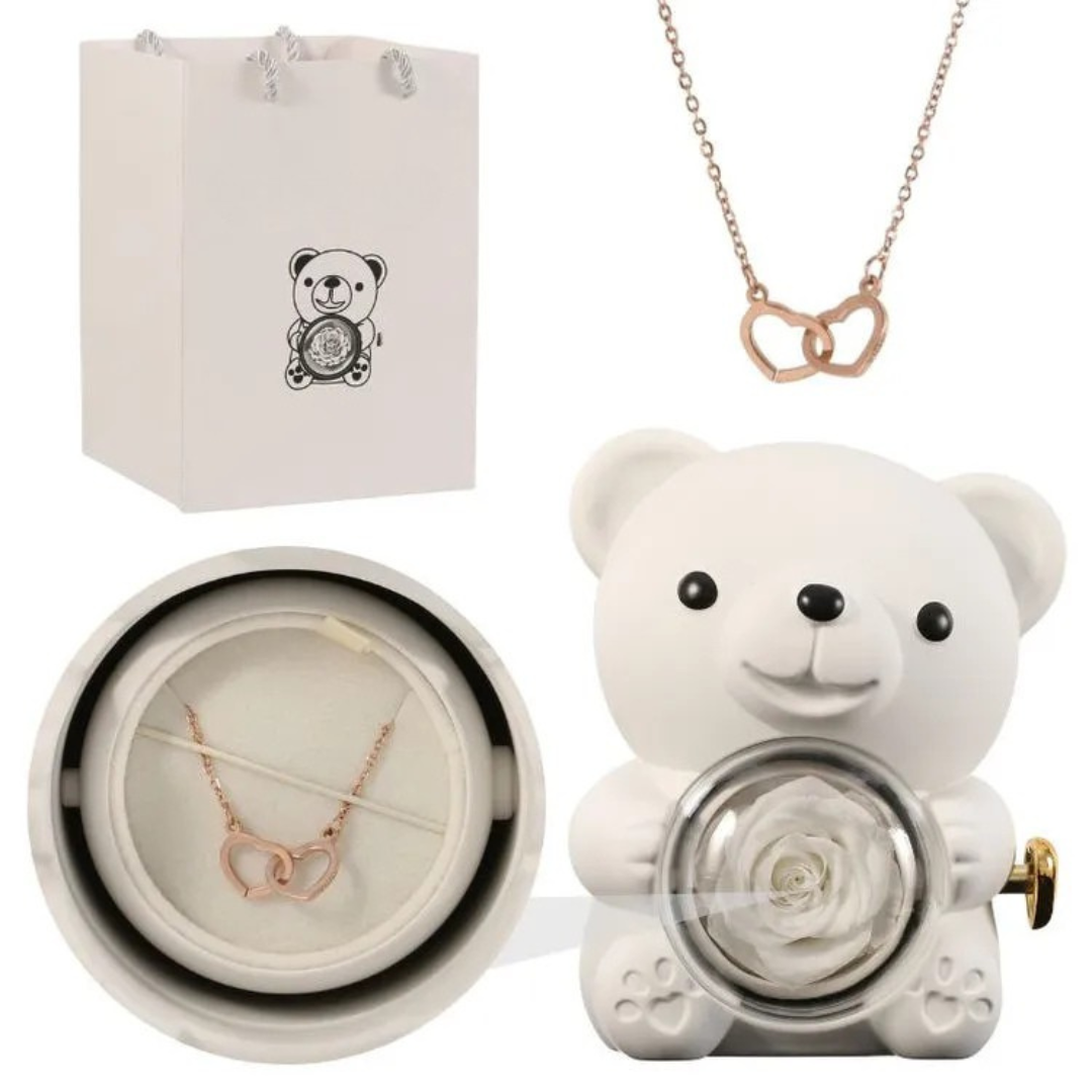 Écrin Ours Rouge & Collier Personnalisé avec Rose Éternelle
