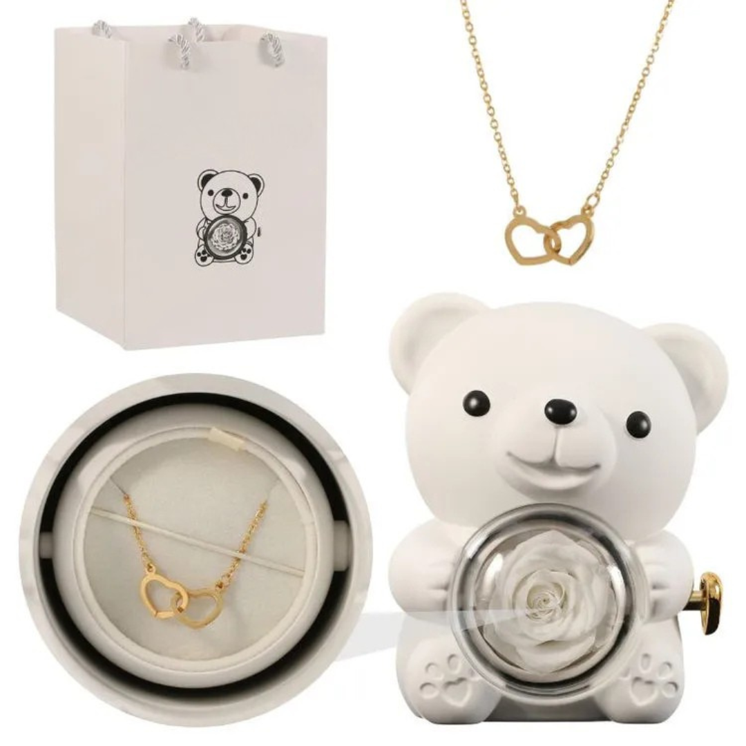Écrin Ours Rouge & Collier Personnalisé avec Rose Éternelle