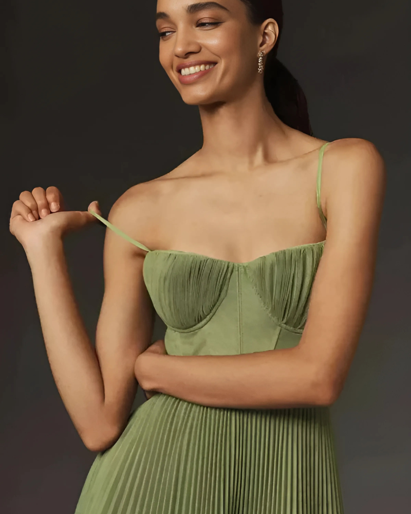 Bustier-Plissee-Tüll-Fit-&-Flare-Midi-Kleid