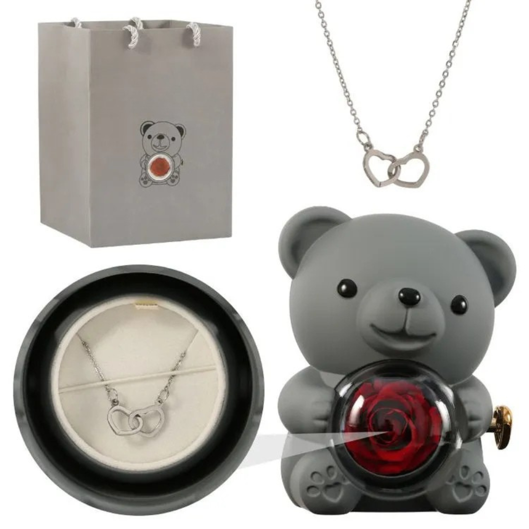 Écrin Ours Rouge & Collier Personnalisé avec Rose Éternelle