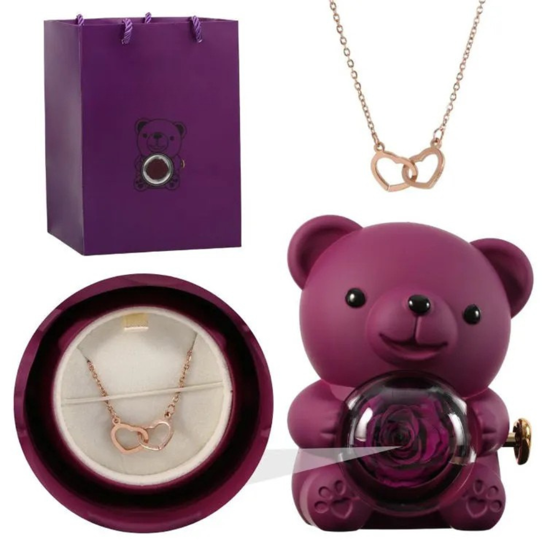 Boîte Ourson Rouge & Collier Personnalisé avec Rose Éternelle