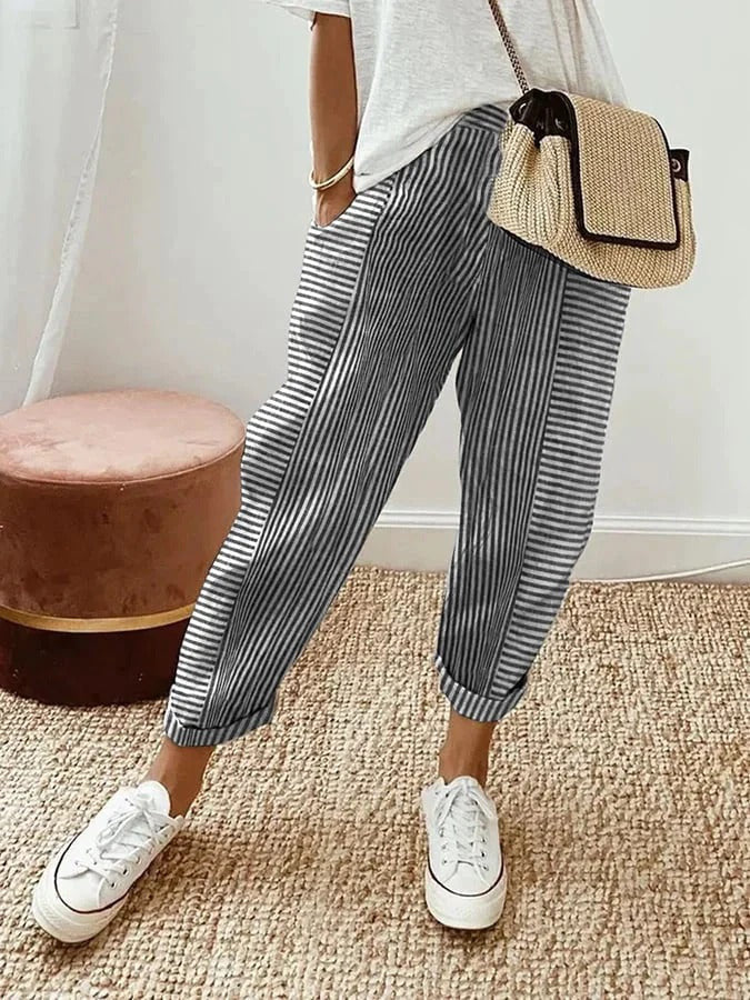 Pantalon Léger Rayé à Taille Élastique