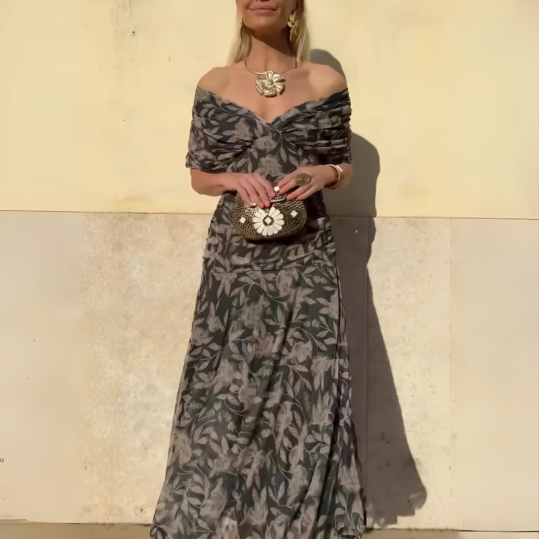 Schulterfreies Maxikleid mit Blumenmuster