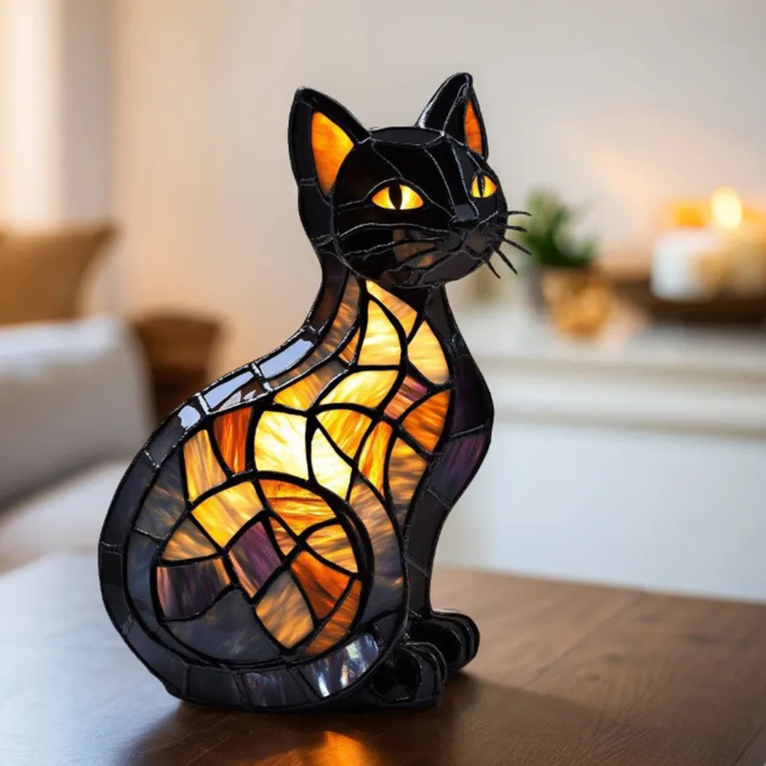 Lampe chat vitrail LED décorative