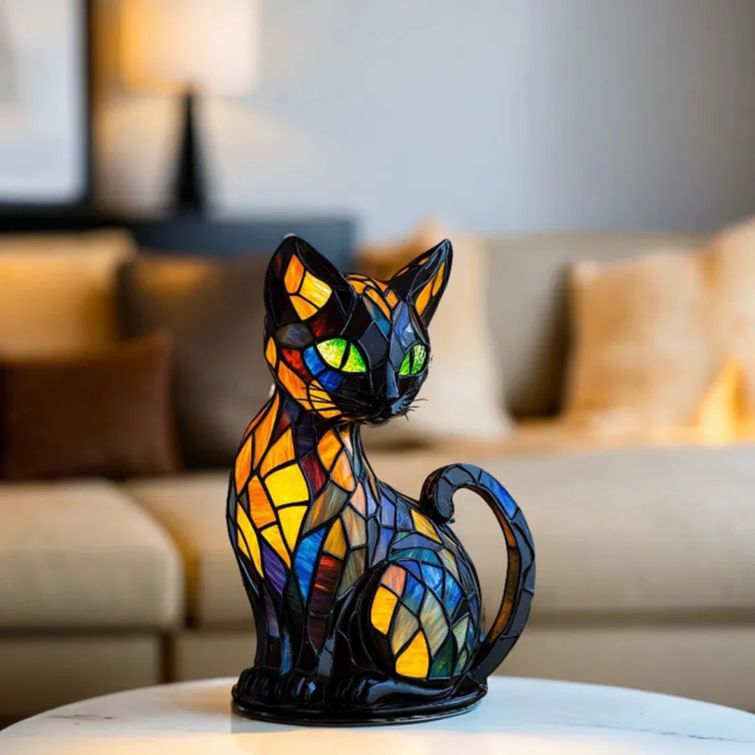 Lampe chat vitrail LED décorative