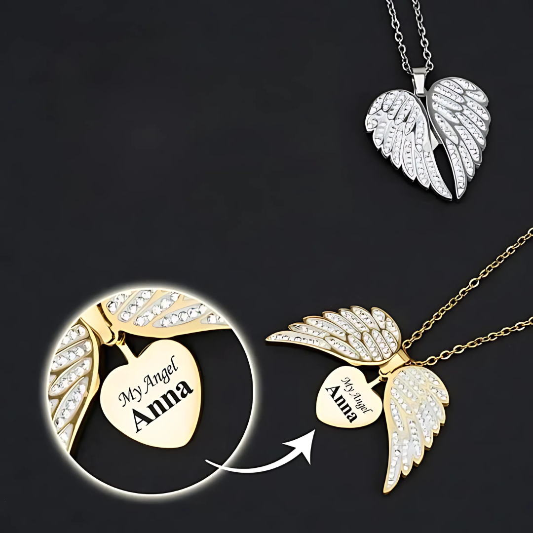 Collier Cœur Ailé Personnalisé – Gravure Prénom & Ailes d’Ange