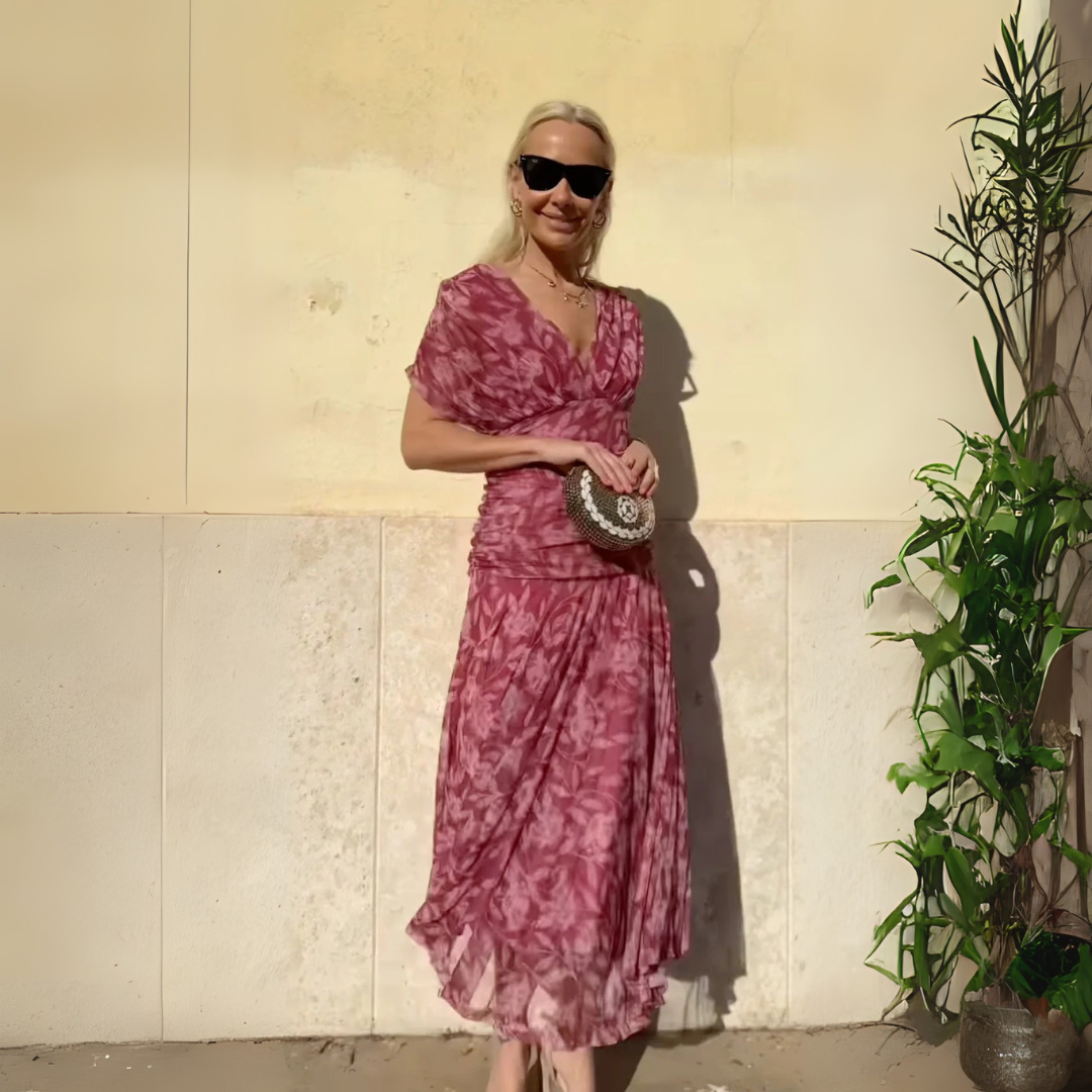 Robe longue imprimée col V – épaules dénudées