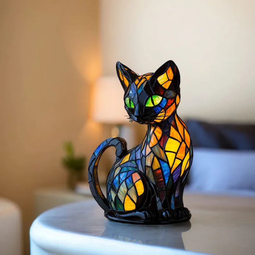 Lampe chat vitrail LED décorative