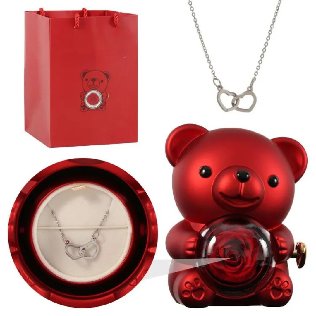 Écrin Ours Rouge & Collier Personnalisé avec Rose Éternelle