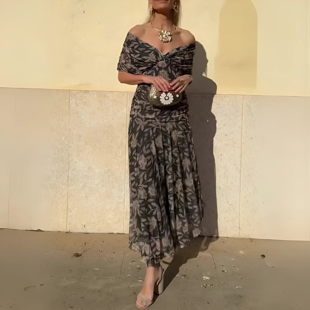 Schulterfreies Maxikleid mit Blumenmuster