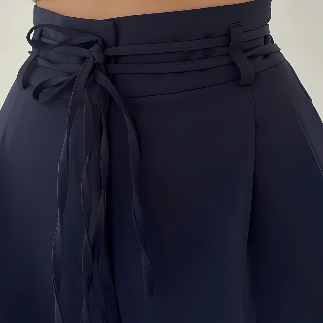 Pantalon Large à Taille Haute avec Lien à Nouer