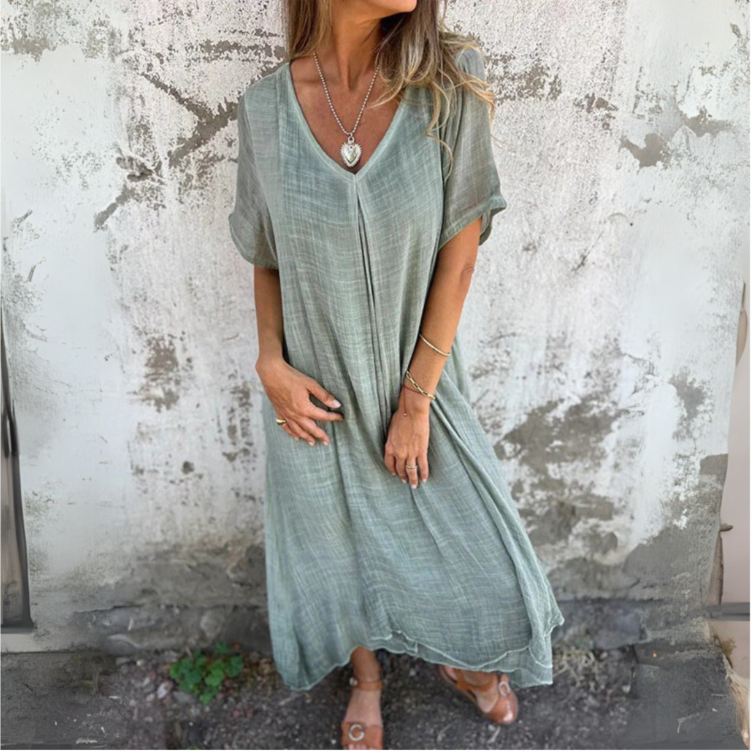 Robe fluide col V en coton et lin