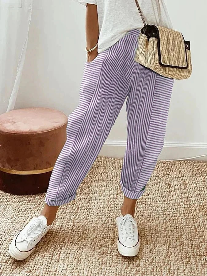 Pantalon Léger Rayé à Taille Élastique