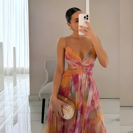 Élégance en Fleurs - Fließendes Maxikleid mit Bohème-Druck