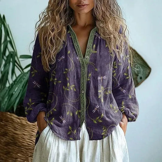Lockere Bluse mit Vintage-Blätterdruck