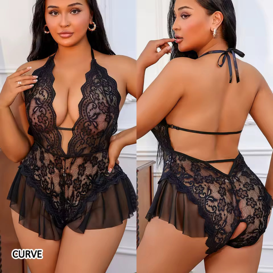 Body in pizzo con gonnellino integrato