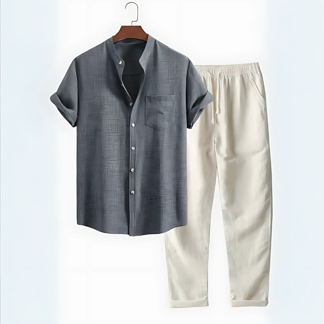 Set camicia a collo alto e pantaloni a gamba tesa in lino