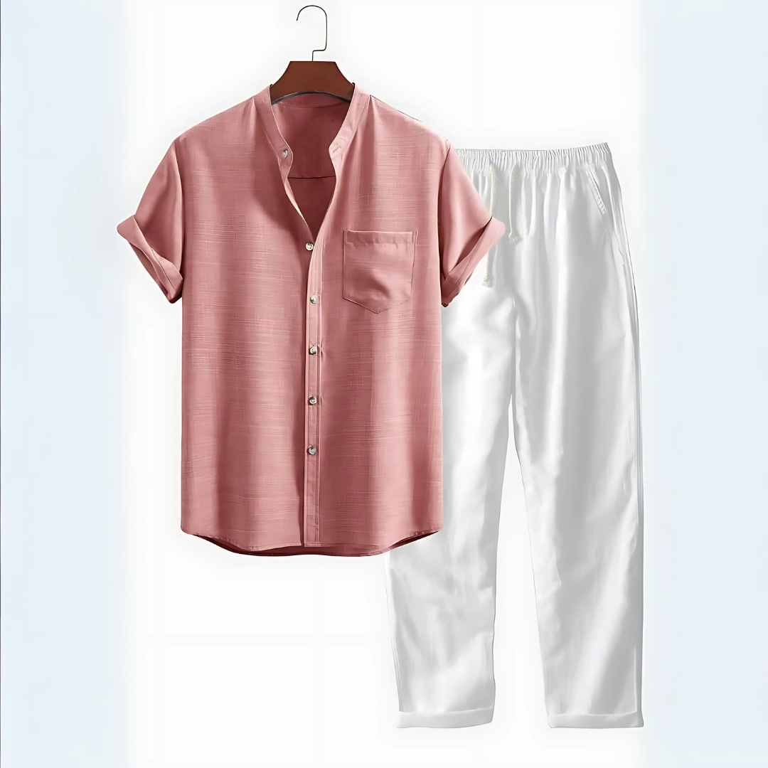 Set camicia a collo alto e pantaloni a gamba tesa in lino