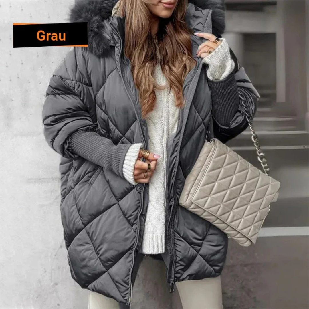Mantello invernale da donna con cappuccino in pelle
