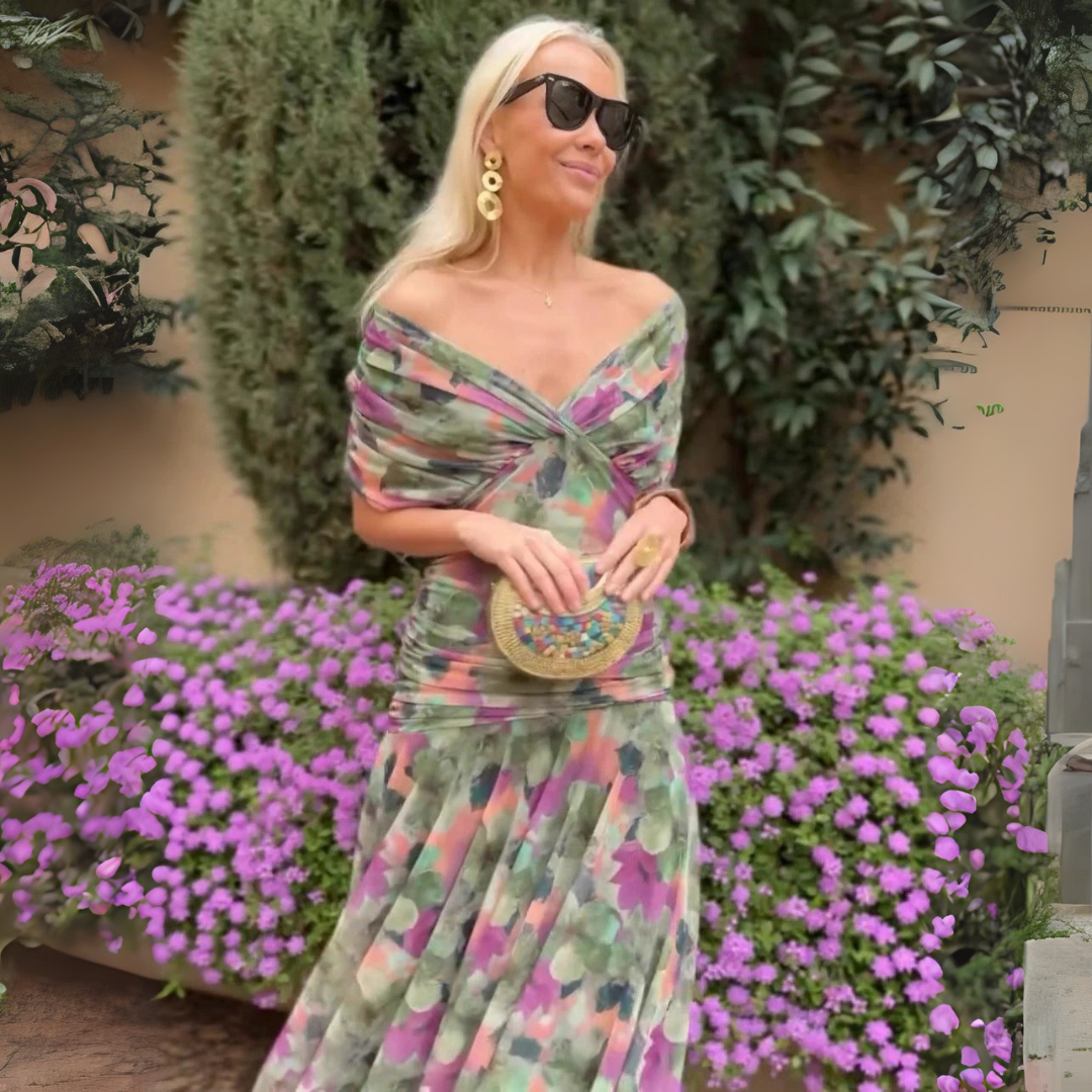 Maxi abito off-the-shoulder stampato con scollo a V