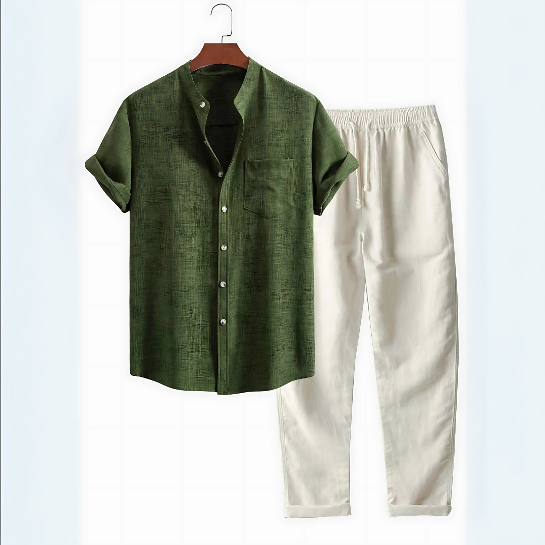 Set camicia a collo alto e pantaloni a gamba tesa in lino