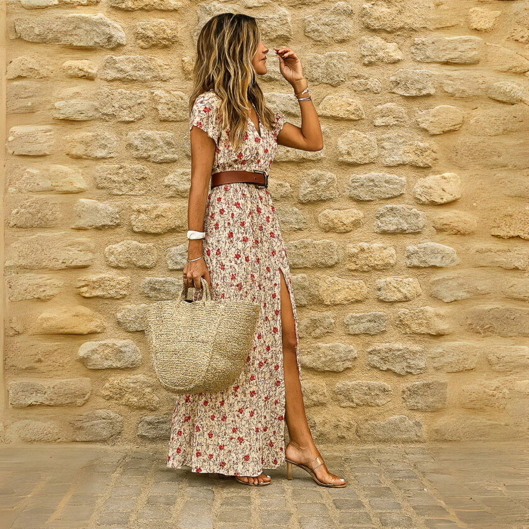 Maxi abito con spacco floreale