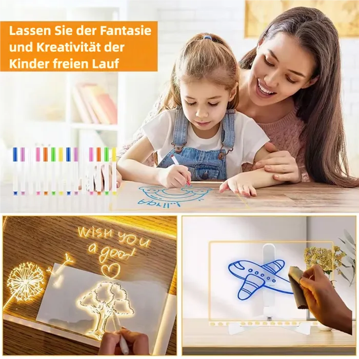 Leuchtendes LED-Zeichenbrett mit 7 Stiften - Wiederverwendbar & Kreativ