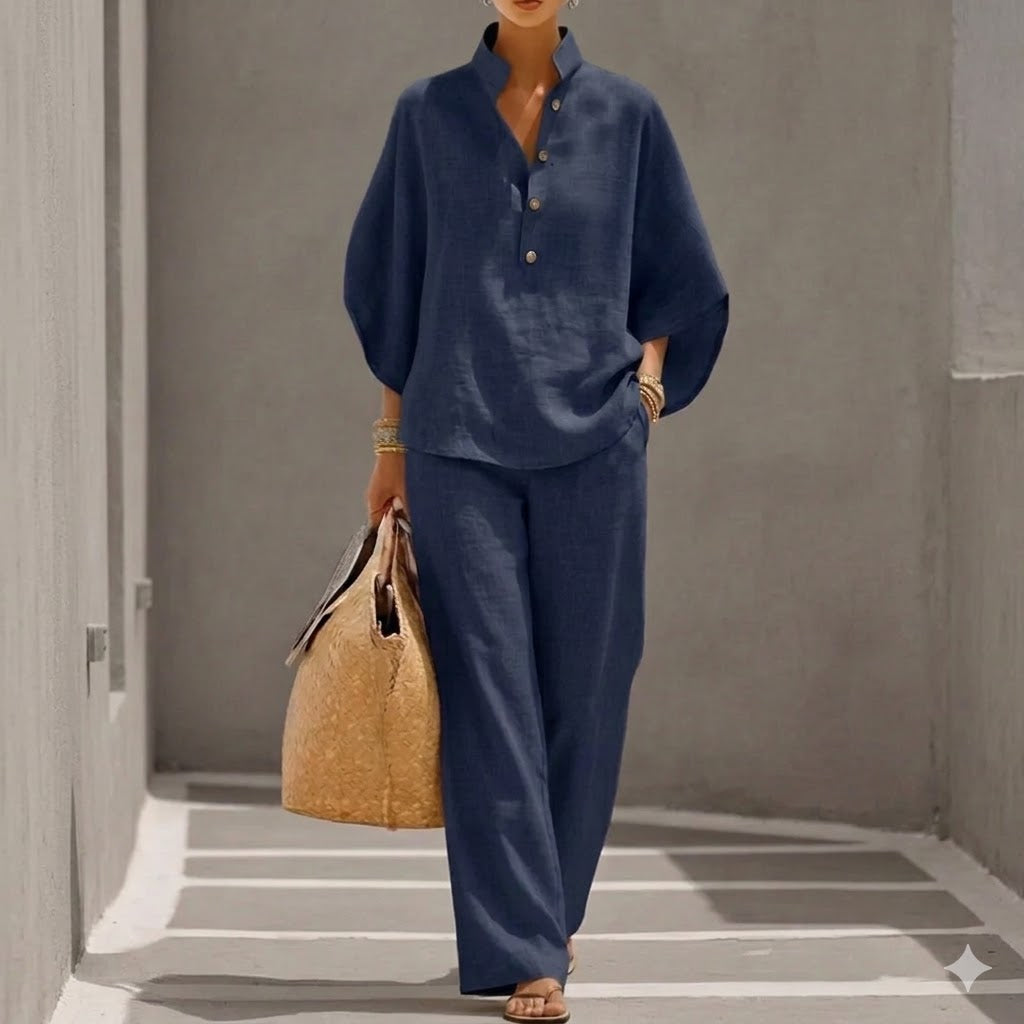 Ensemble Coton Lin Manches Chauve-Souris Pantalon Large