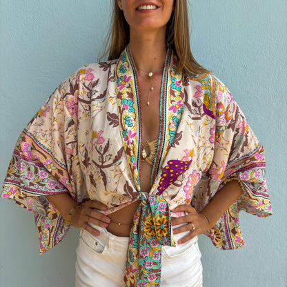 Kimono Court Femme – Fleur Menthe – Léger, Fluide et Estival