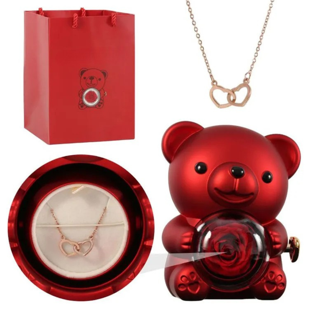 Écrin Ours Rouge & Collier Personnalisé avec Rose Éternelle