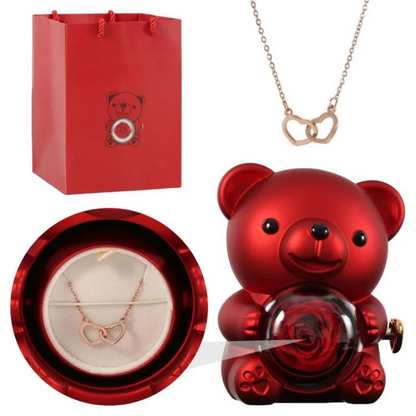Écrin Ours Rouge & Collier Personnalisé avec Rose Éternelle