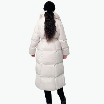 Lange gesteppte Damen-Winterjacke mit Gürtel