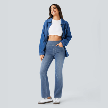 Bootcut-Jeans mit hoher Taille, Stretch und mehreren Taschen