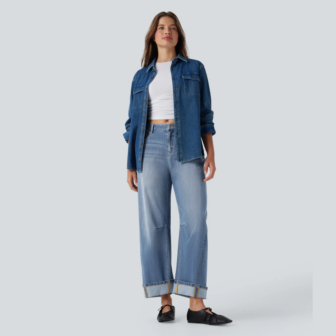 Gerade geschnittene Damenjeans mit mittlerer Leibhöhe und Verwascheneffekt