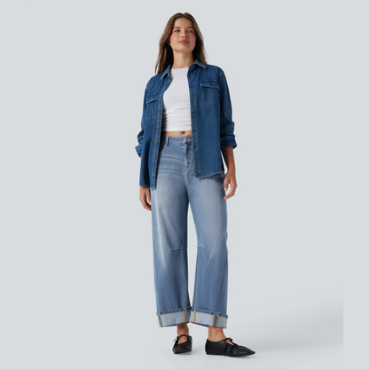 Gerade geschnittene Damenjeans mit mittlerer Leibhöhe und Verwascheneffekt