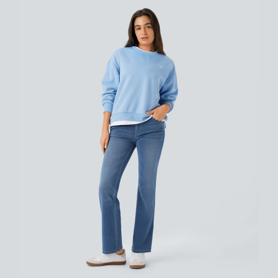 Bootcut-Jeans mit hoher Taille, Stretch und mehreren Taschen