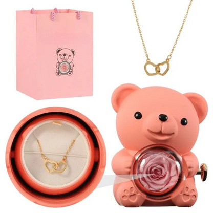 Écrin Ours Rouge & Collier Personnalisé avec Rose Éternelle