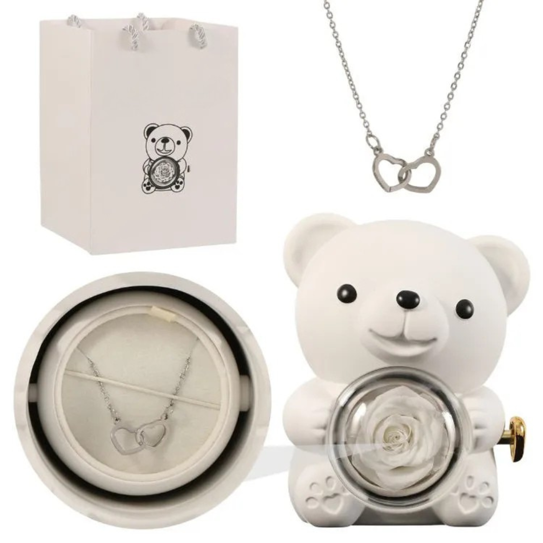 Écrin Ours Rouge & Collier Personnalisé avec Rose Éternelle