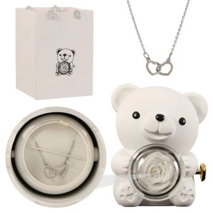 Écrin Ours Rouge & Collier Personnalisé avec Rose Éternelle