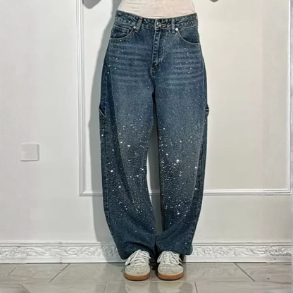 Jean femme taille haute coupe large effet usé