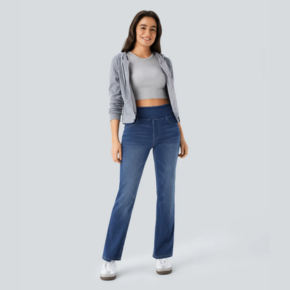 Bootcut-Jeans mit hoher Taille, Stretch und mehreren Taschen
